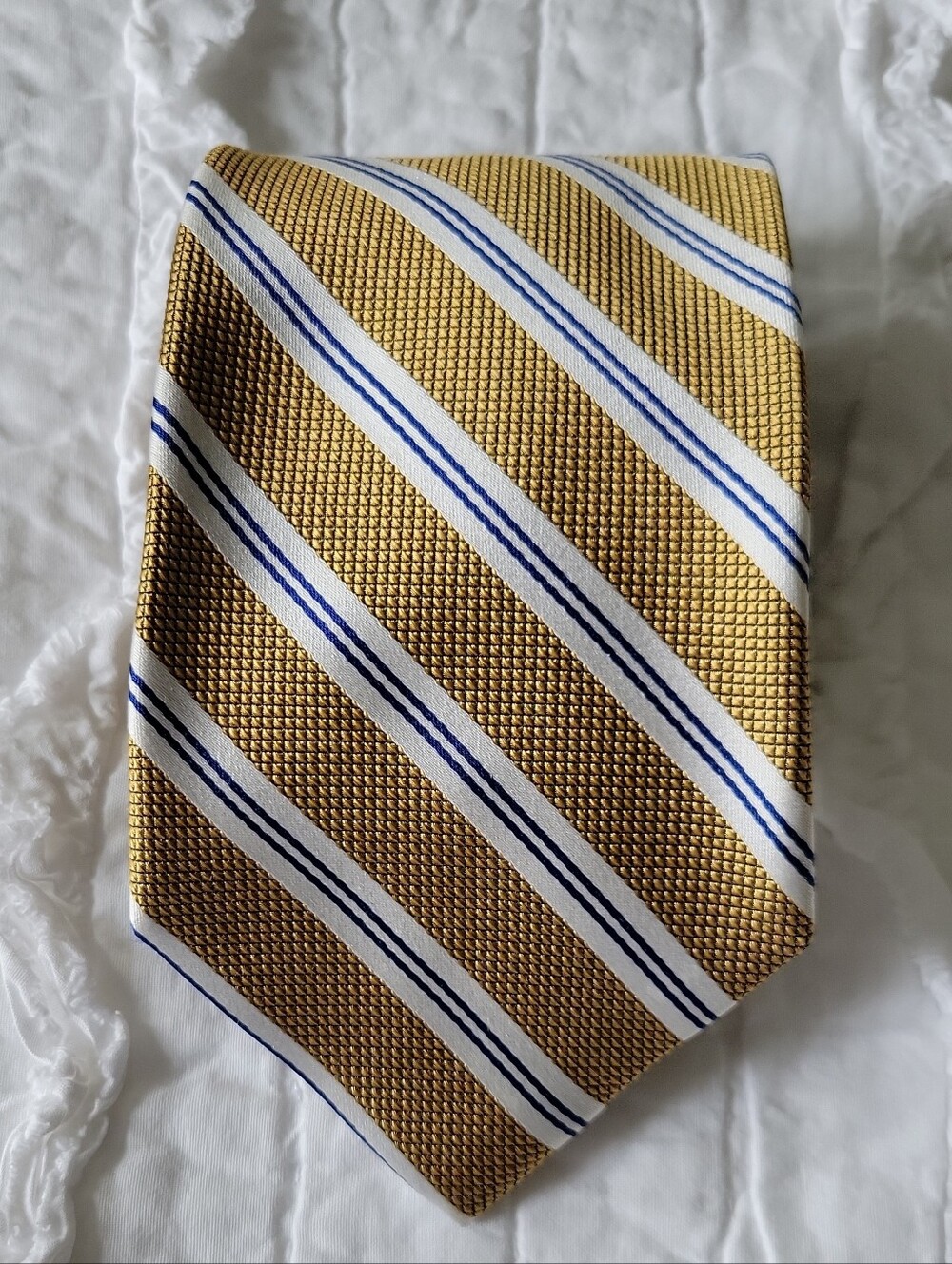 Jos.A.Banks 100% Silk Striped Tie Mustard Gold Blue White Every Season Excellent